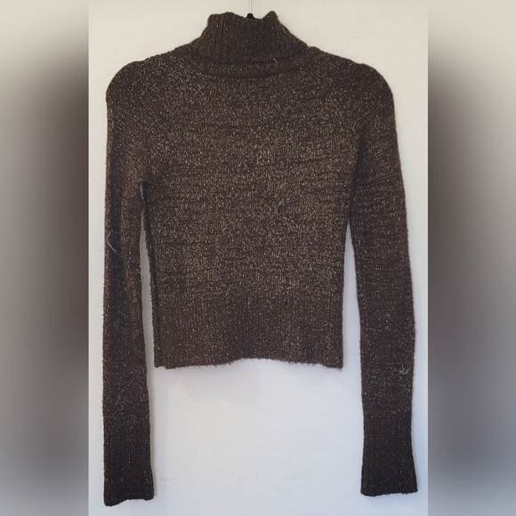 Y2K Takeout Brown Silver Metallic Turtleneck Sweater - Picture 3 of 4